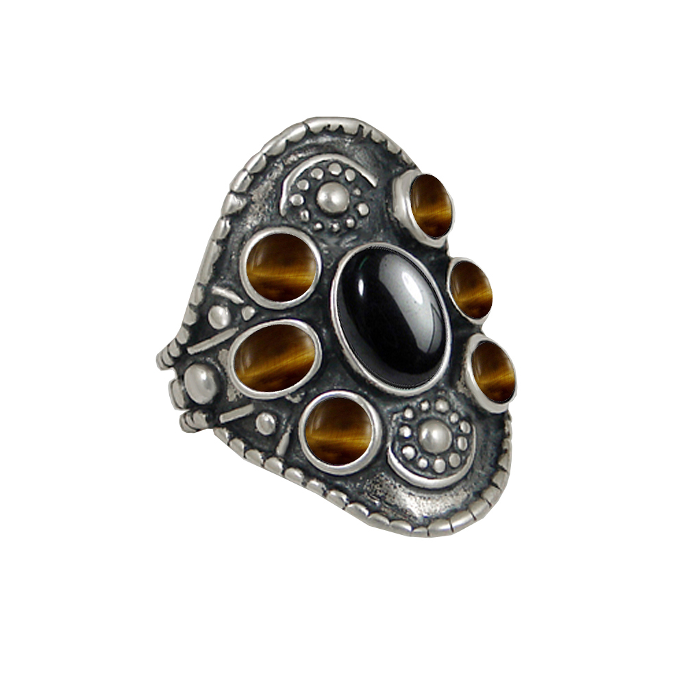 Sterling Silver High Queen's Ring With Hematite And Tiger Eye Size 7